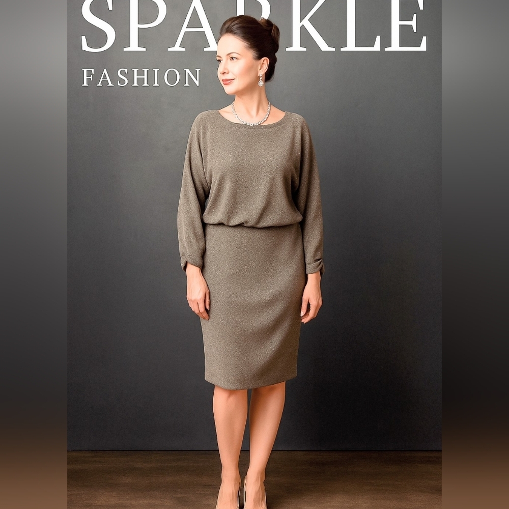 LAURA Petite Elegant Taupe/Grey Metalic long sleeve Midi dress Sz Petite 10